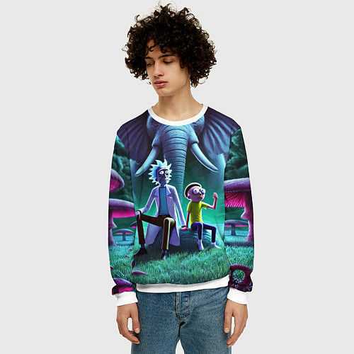 Мужской свитшот Рик и Морти - портрет на фоне слона / 3D-Белый – фото 3