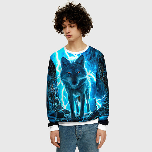 Мужской свитшот Волк в разрядах молнии / 3D-Белый – фото 3