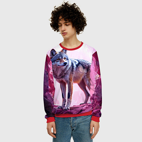 Мужской свитшот Волк в розовом / 3D-Красный – фото 3
