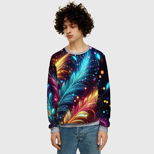 Мужской свитшот Неоновые разноцветные перья / 3D-Меланж – фото 3