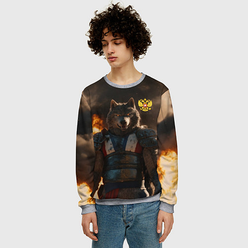 Мужской свитшот Русский волк - сибирский страж / 3D-Меланж – фото 3
