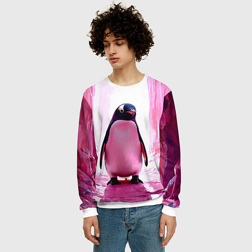 Мужской свитшот Пингвин в розовом / 3D-Белый – фото 3