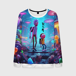 Свитшот мужской Рик и Морти на планете неоновых грибов - нейроарт, цвет: 3D-белый