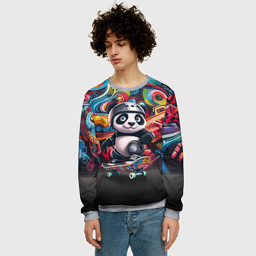 Мужской свитшот Панда - крутой скейтбордист на фоне граффити / 3D-Меланж – фото 3