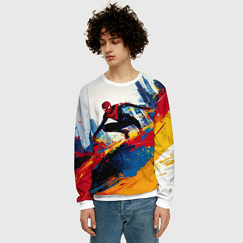 Мужской свитшот Человек - паук и пролитая краска / 3D-Белый – фото 3