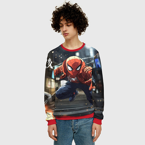 Мужской свитшот Человек-паук запускает паутину / 3D-Красный – фото 3