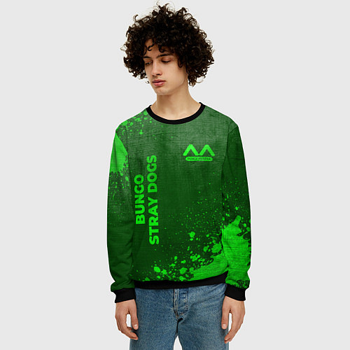 Мужской свитшот Bungo Stray Dogs - green gradient вертикально / 3D-Черный – фото 3