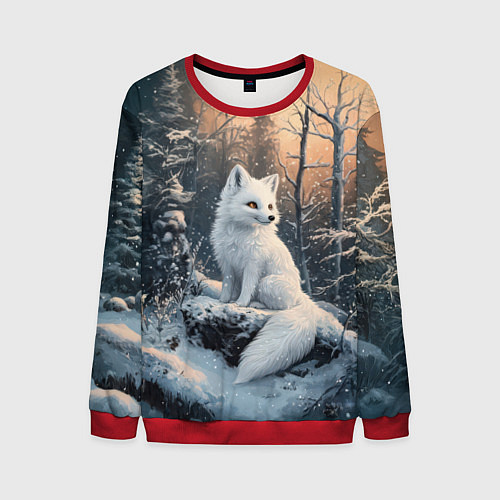 Мужской свитшот Белый лисенок в зимнем лесу / 3D-Красный – фото 1