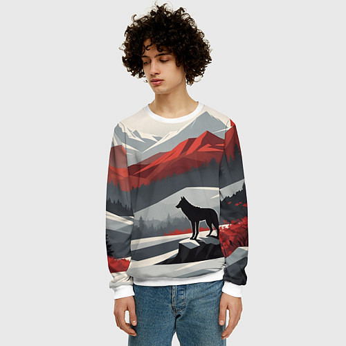 Мужской свитшот Лиса и красные горы / 3D-Белый – фото 3