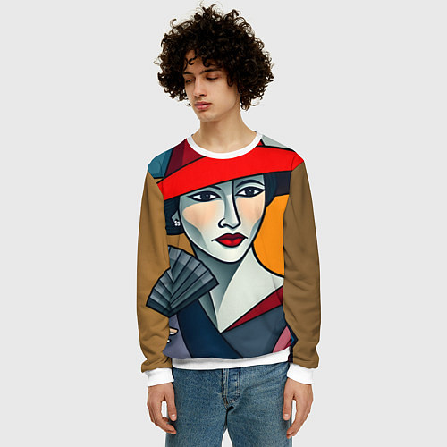 Мужской свитшот Дама с веером / 3D-Белый – фото 3