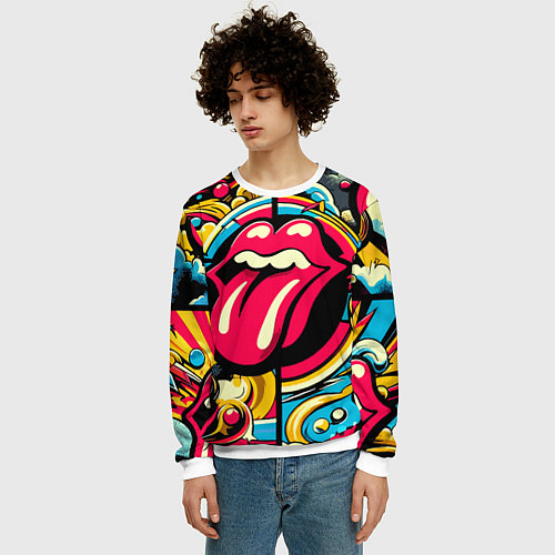 Мужской свитшот Rolling Stones logo - pop art pattern / 3D-Белый – фото 3