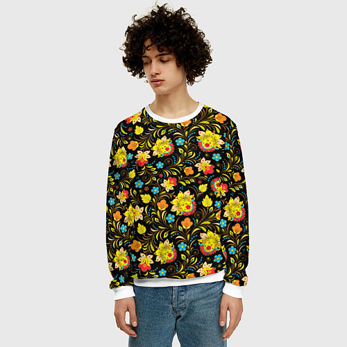 Мужской свитшот Хохлома цветы / 3D-Белый – фото 3