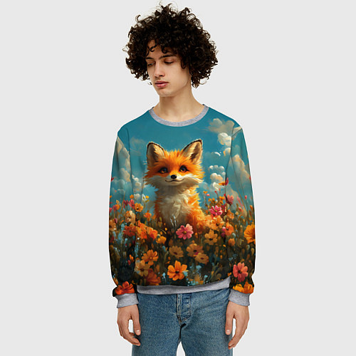 Мужской свитшот Лисица в цветочном поле / 3D-Меланж – фото 3