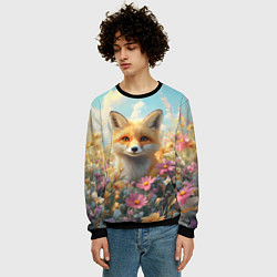 Свитшот мужской Лиса в цветочном поле, цвет: 3D-черный — фото 2