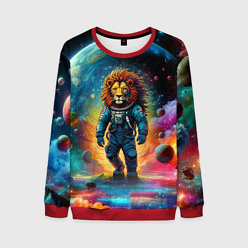 Мужской свитшот Лев бравый космонавт - неоновый космос / 3D-Красный – фото 1