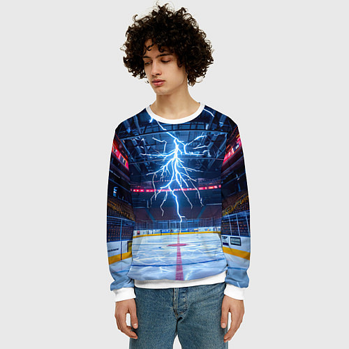 Мужской свитшот Удар молнии в хоккейную площадку / 3D-Белый – фото 3