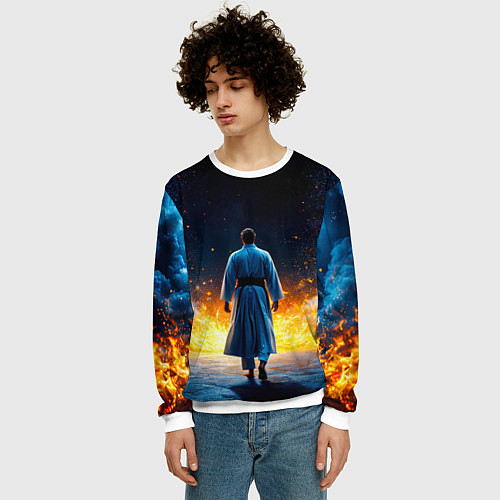 Мужской свитшот Айкидоист в огне и синий дым / 3D-Белый – фото 3