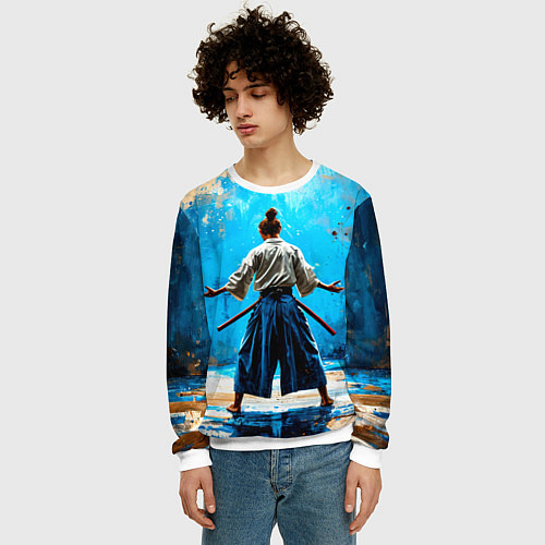 Мужской свитшот Боец айкидо на синем / 3D-Белый – фото 3