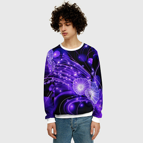 Мужской свитшот Силуэты цветов на темном фоне - фиолетовое свечени / 3D-Белый – фото 3