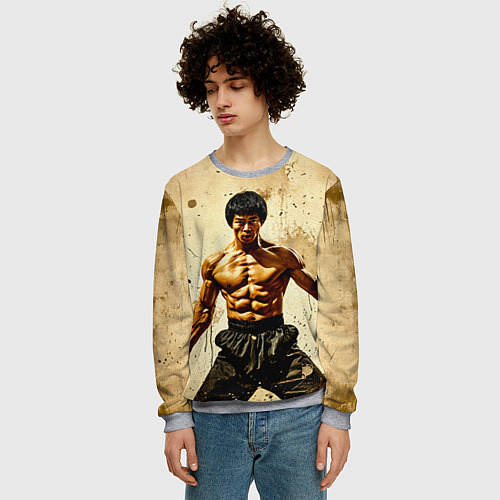 Мужской свитшот Брюс Ли на бежевом / 3D-Меланж – фото 3