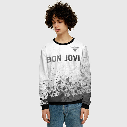 Мужской свитшот Bon Jovi - white gradient посередине / 3D-Черный – фото 3