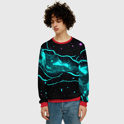Мужской свитшот Голубые неоновые волны текстура / 3D-Красный – фото 3
