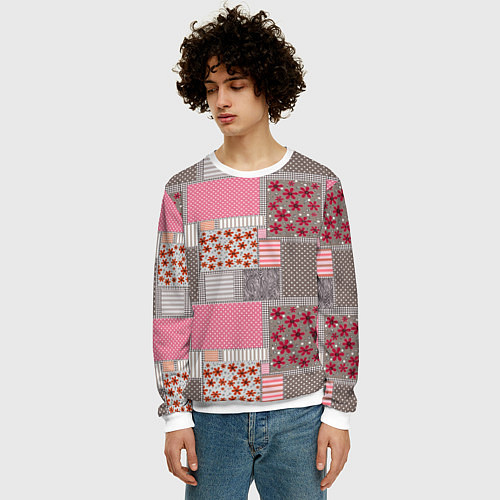 Мужской свитшот Розово-серые разноцветные лоскуты / 3D-Белый – фото 3