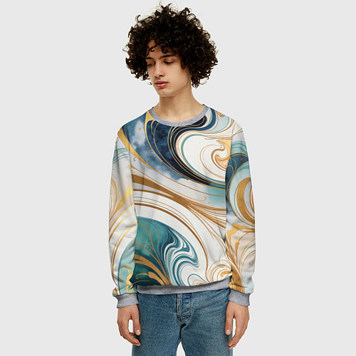 Мужской свитшот Аквамарин и оранж узор с завитками / 3D-Меланж – фото 3