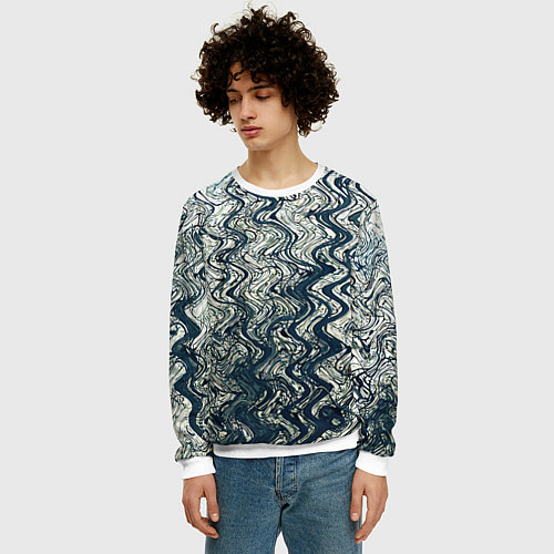 Мужской свитшот Бело-синий искажённые абстрактные линии / 3D-Белый – фото 3