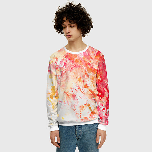 Мужской свитшот Абстракция - splashes of pink and red paint on whi / 3D-Белый – фото 3