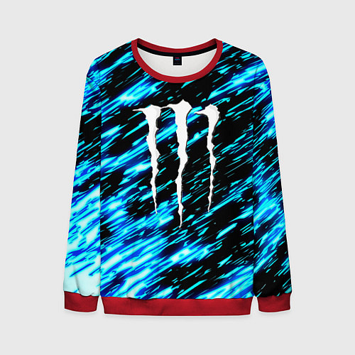Мужской свитшот Monster energy штрихи голубых неоновых красок / 3D-Красный – фото 1