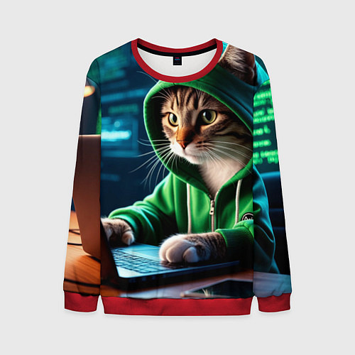 Мужской свитшот Котенок хакер за ноутбуком / 3D-Красный – фото 1