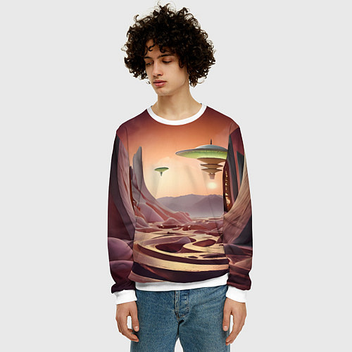 Мужской свитшот Фантастический инопланетный город / 3D-Белый – фото 3