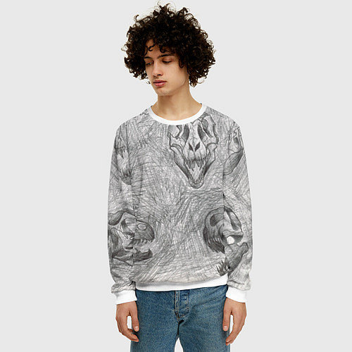 Мужской свитшот Черепа динозавров - эскиз / 3D-Белый – фото 3