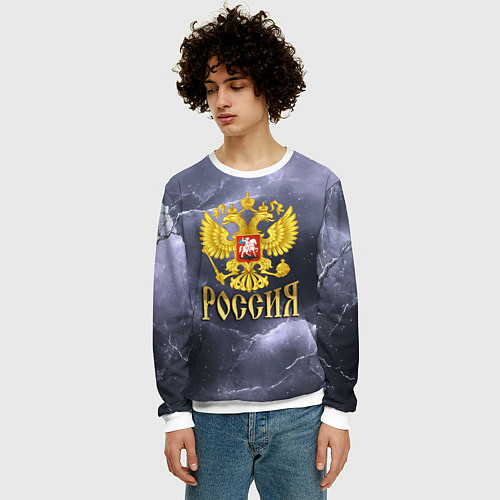 Мужской свитшот Герб России фиолетовое небо с молниями / 3D-Белый – фото 3