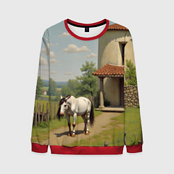 Свитшот мужской Старый домик и лошадь, цвет: 3D-красный