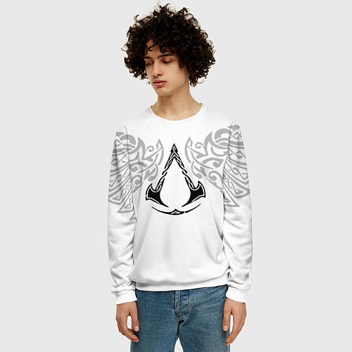 Мужской свитшот Ассасин Крид - узор ворон / 3D-Белый – фото 3