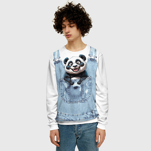 Мужской свитшот Панда в кармашке комбинезона / 3D-Белый – фото 3