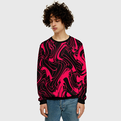 Мужской свитшот Чёрно-розовый абстрактные линии / 3D-Черный – фото 3