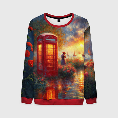 Мужской свитшот Пейзаж с красной телефонной будкой / 3D-Красный – фото 1