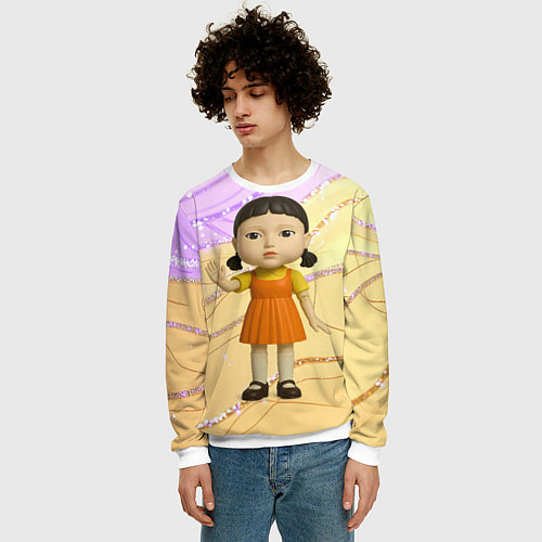 Мужской свитшот Игра в кальмара - кукла в стойке ожидания / 3D-Белый – фото 3