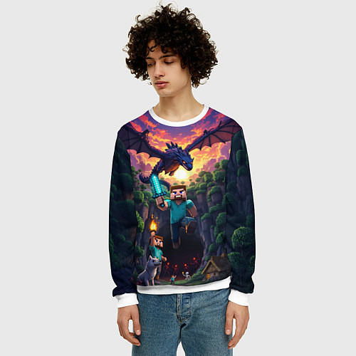 Мужской свитшот Дракон края и Стив - Майнкрафт арт / 3D-Белый – фото 3