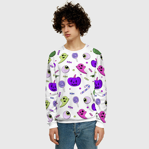 Мужской свитшот Halloween purple pumpkin pattern / 3D-Белый – фото 3
