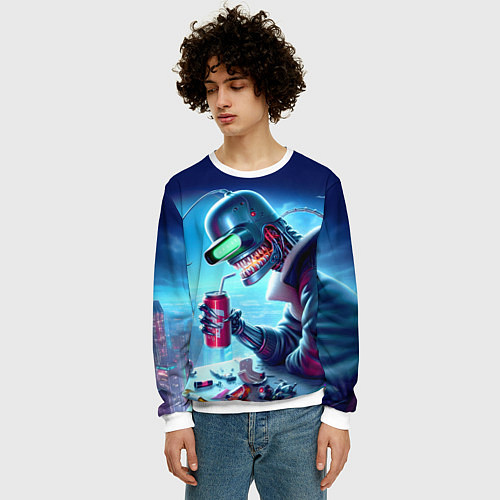 Мужской свитшот Кибер Бендер пьёт лимонад - неоновое свечение / 3D-Белый – фото 3