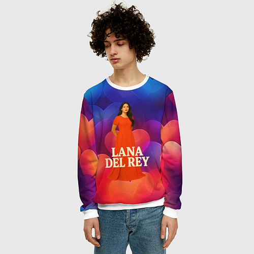 Мужской свитшот Lana Del Rey на фоне сердечек / 3D-Белый – фото 3