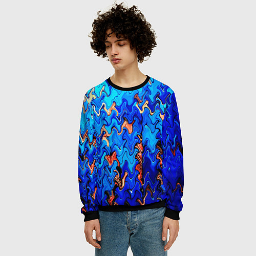 Мужской свитшот Сине-голубой стекающая абстракция / 3D-Черный – фото 3