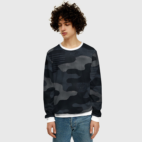 Мужской свитшот Текстура - камуфляжная синяя ткань / 3D-Белый – фото 3