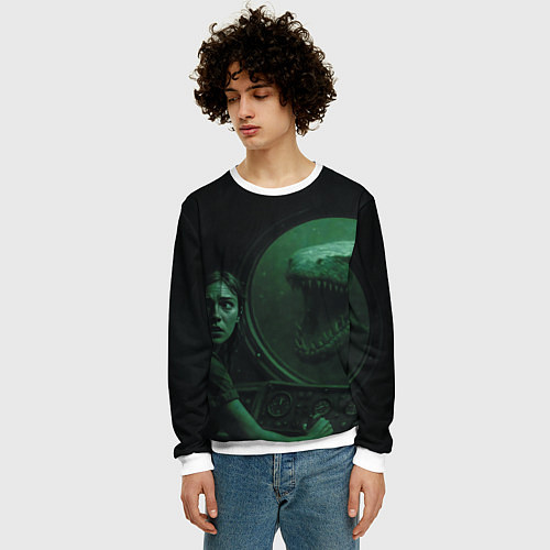 Мужской свитшот На батискаф с девушкой нападает Тилозавр ужасы / 3D-Белый – фото 3