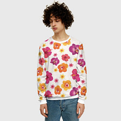 Свитшот мужской Тропический букет - узор с яркими гибискусами и ор, цвет: 3D-белый — фото 2