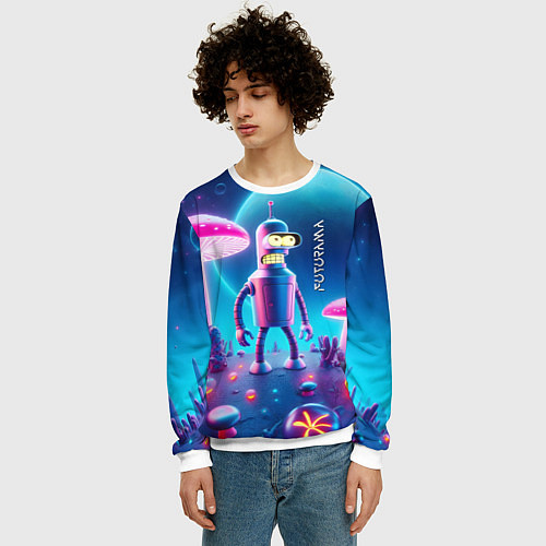 Мужской свитшот Робот-сгибальщик Бендер и неоновые грибы / 3D-Белый – фото 3